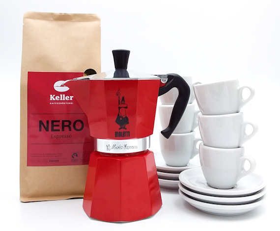Bialettiset mit Espresso Nero und 6 Espressotassen